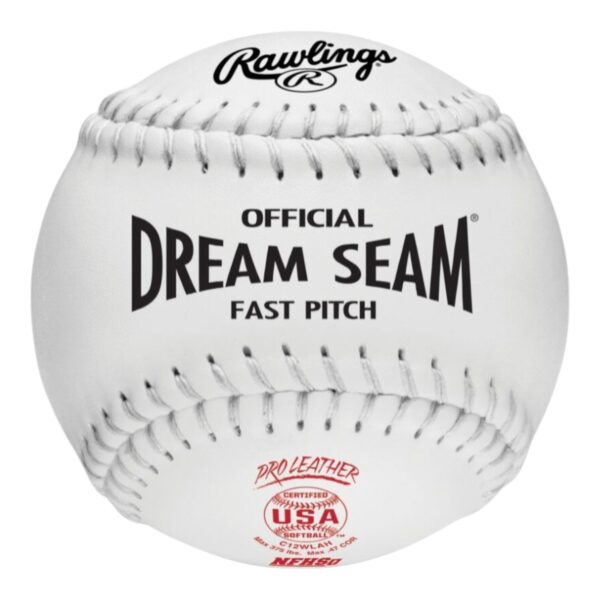 Rawlings Dream Seam 12-inch white match fastpitch softball with pro leather cover and raised seams for official game play.