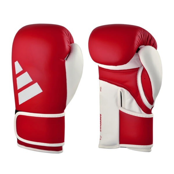 Front and palm view of the Adidas WAKO Speed 165 boxing gloves in red and white with hook-and-loop wrist closure and padded thumb design.