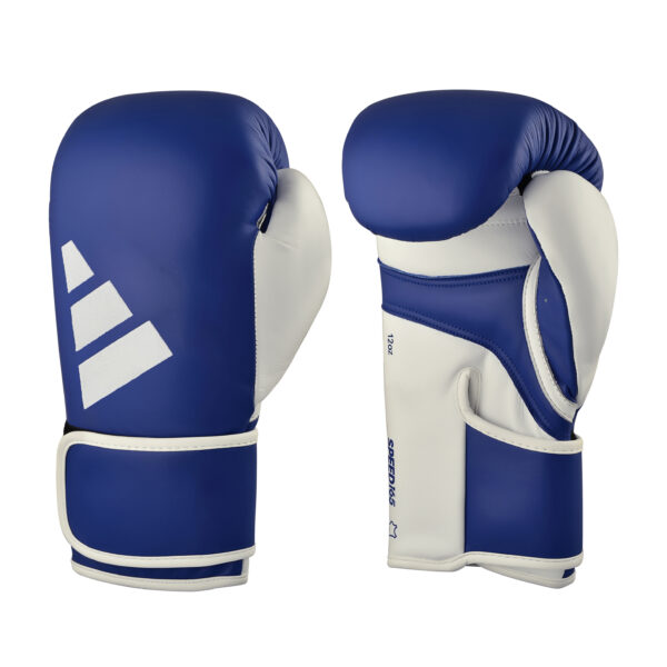 Front and palm view of the Adidas WAKO Speed 165 boxing gloves in royal blue and white with hook-and-loop wrist closure and padded thumb design.