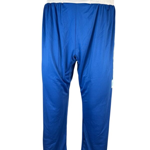 Front view of the Adidas WAKO Full Contact kickboxing pants in blue with a white elastic waistband and Adidas logo.