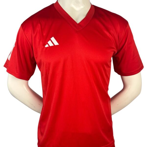 Front view of the Adidas WAKO Point Fighting shirt in red with a V-neck design and white Adidas logo.