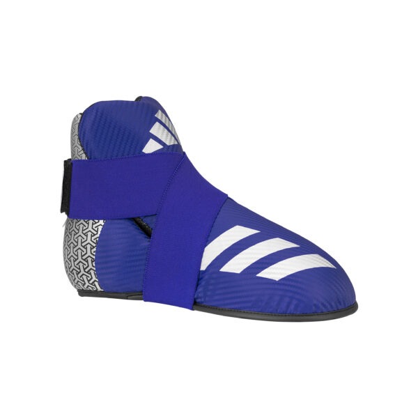 Angled side view of the Adidas WAKO Kickboxing Safety Shoes Pro in blue and white with elastic strap fastening and Adidas logos.