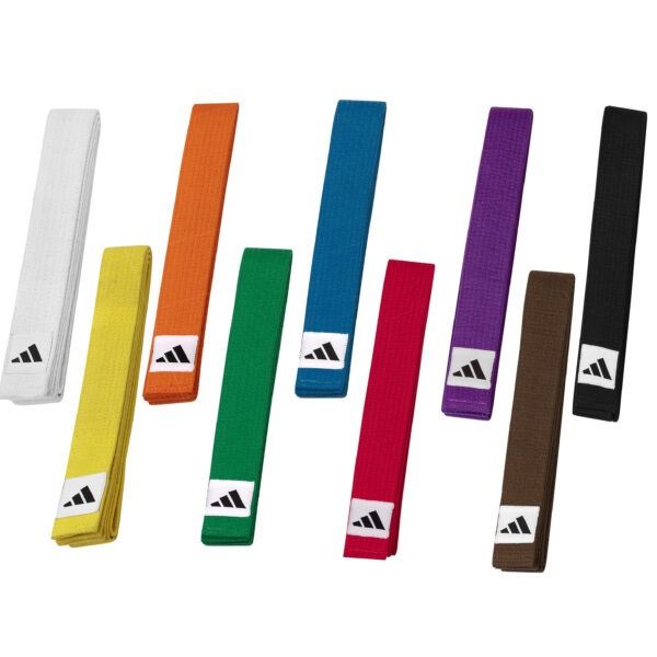 Adidas Club karate belt colour range including white, yellow, orange, green, blue, purple, red, brown, and black belts for karate training and grading.