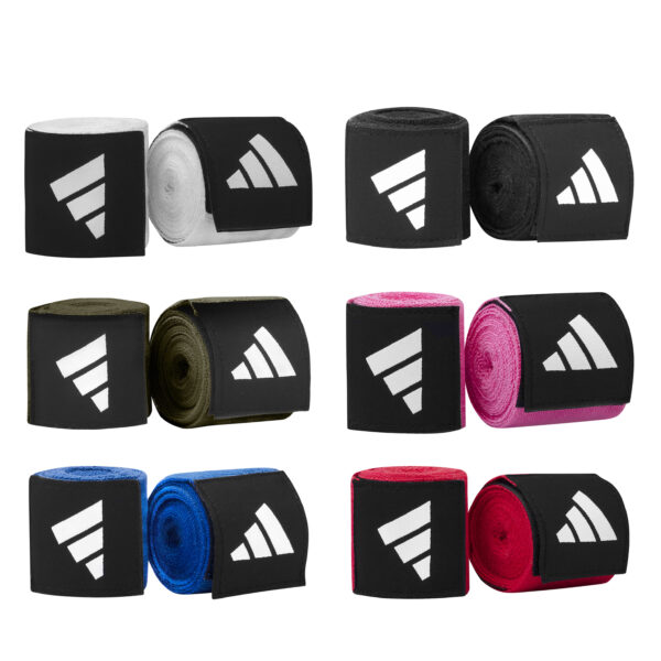 Adidas 4.5m hand wraps available in white, black, olive green, pink, blue, and red, shown rolled with hook-and-loop fastening and Adidas logo.