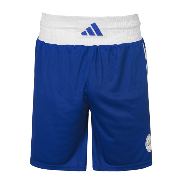 Front view of the Adidas WAKO Kick Light shorts in blue with a white elastic waistband, blue Adidas logo, and WAKO approved badge.