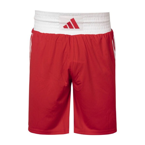 Front view of the Adidas WAKO Kick Light shorts in red with a white elastic waistband, red Adidas logo, and WAKO approved badge.