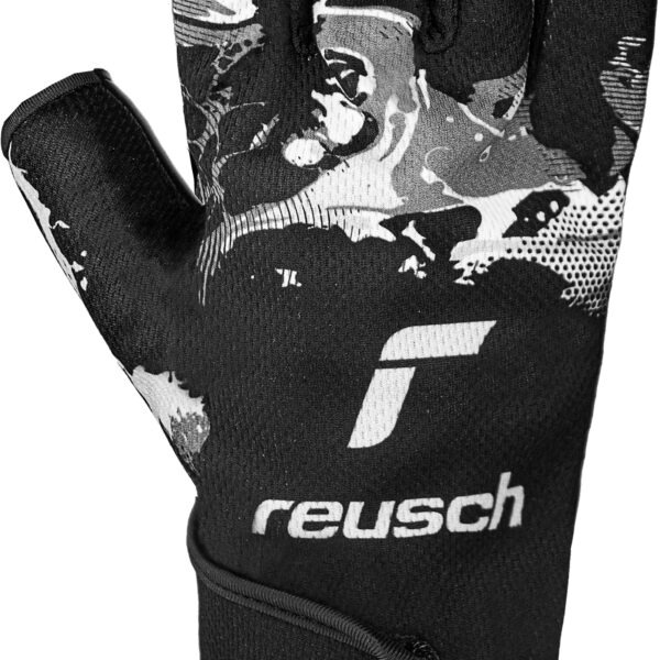 Backhand view of the Reusch Futsal Infinity Black goalkeeper glove showing the black graphic design and adjustable wrist strap.