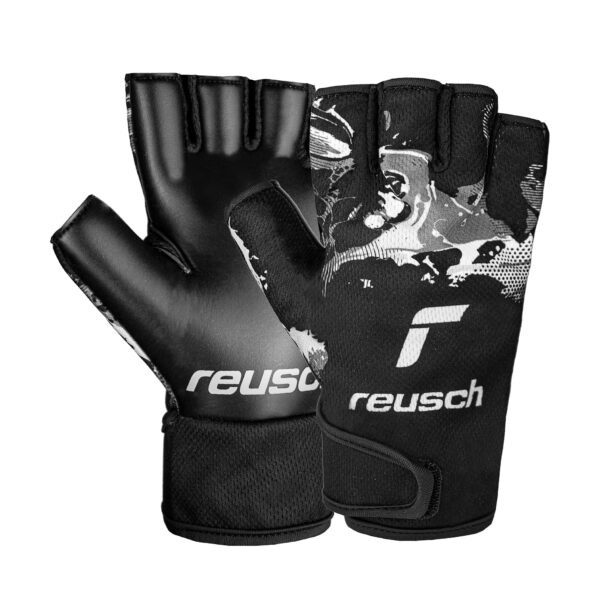 Reusch Futsal Infinity Black futsal goalkeeper gloves showing the black Infinity latex palm and black backhand with graphic design and adjustable wrist strap.